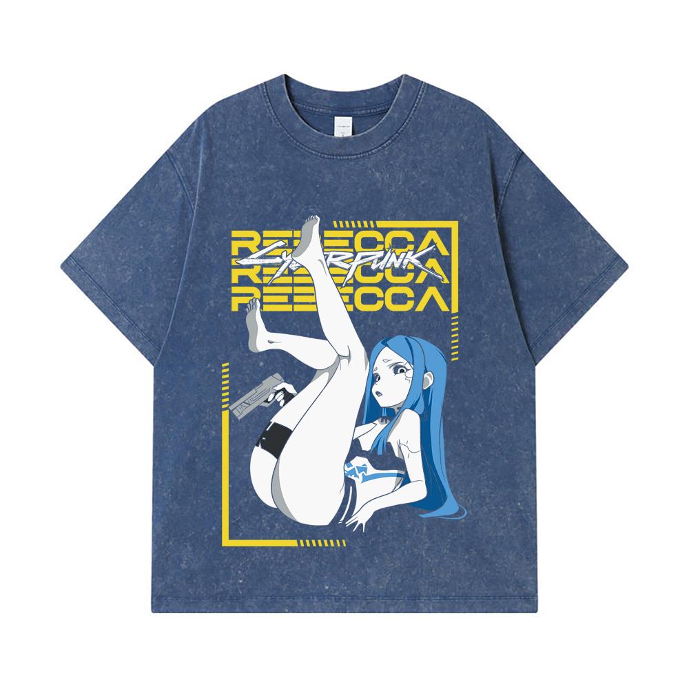 

275 GSM Washed T-shirts 100% Cotton Cyberpunk Edgerunners V4 Rebecca Print Unisex Heavy Cotton T Shirt 2XL королівський синій колір