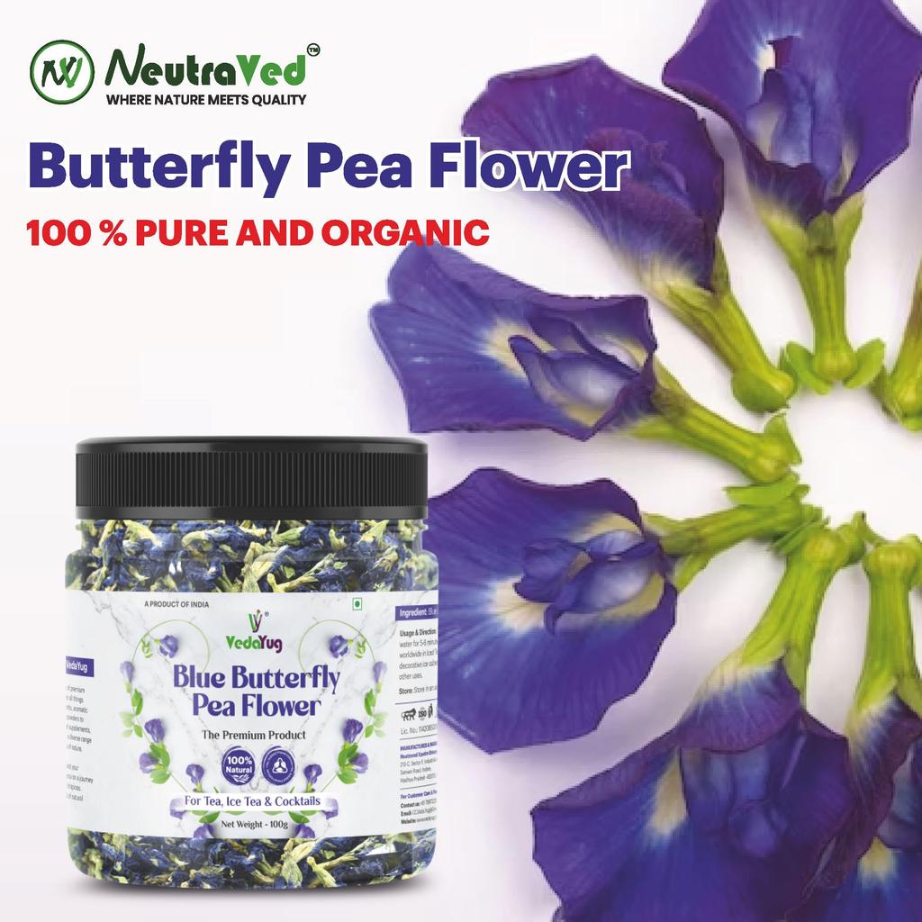 VY VedaYug Blå Fjärilsärtblomma Te 100 Gram | Gör IS och Örtte med ANTIOXIDANT, Koffeinfritt | Naturligt Färgämne | Använd me