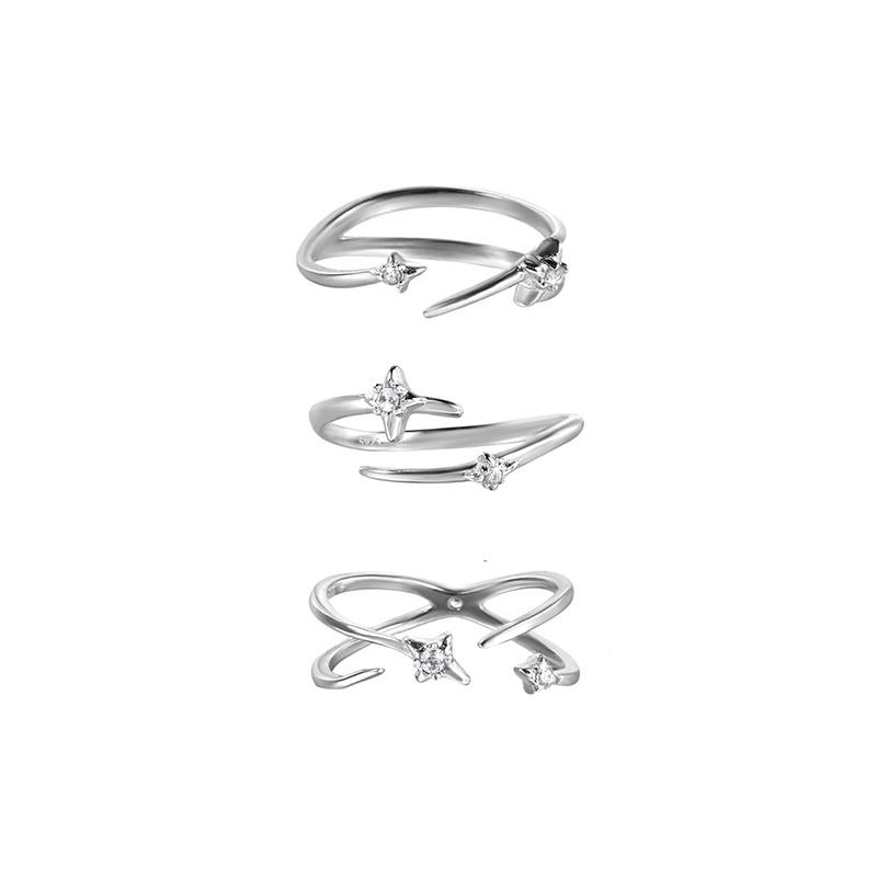 PONYKISS 925 Silver Zircon Star Line Cross Opening Rings for Women Cute Fine Jewelry Minimalist Personality Accessories