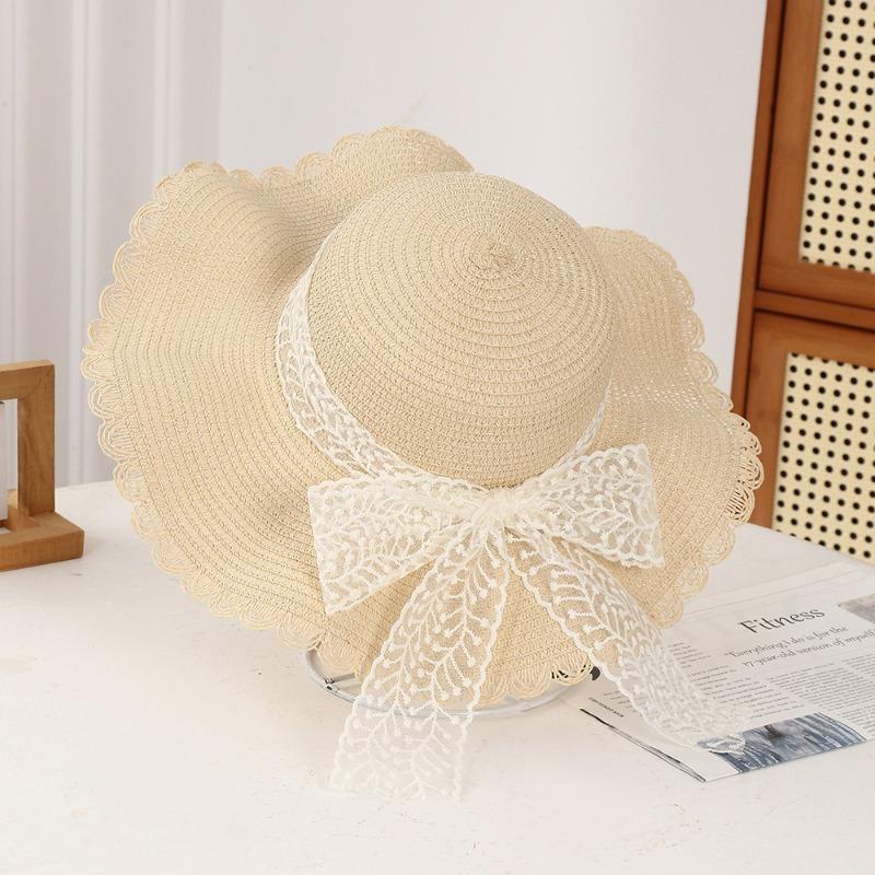 Summer Bow Sun Hat Female, Seaside Beach Vacation Sun Hat Outdoor Big Brim Sun Hat Sweet Straw Hat