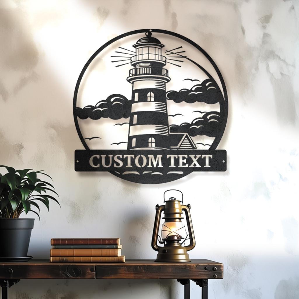 Custom Nautical Lighthouse Metal Wall Art, Personalized Coastal Home Decor with Custom Text, Rustic Beach House Gift