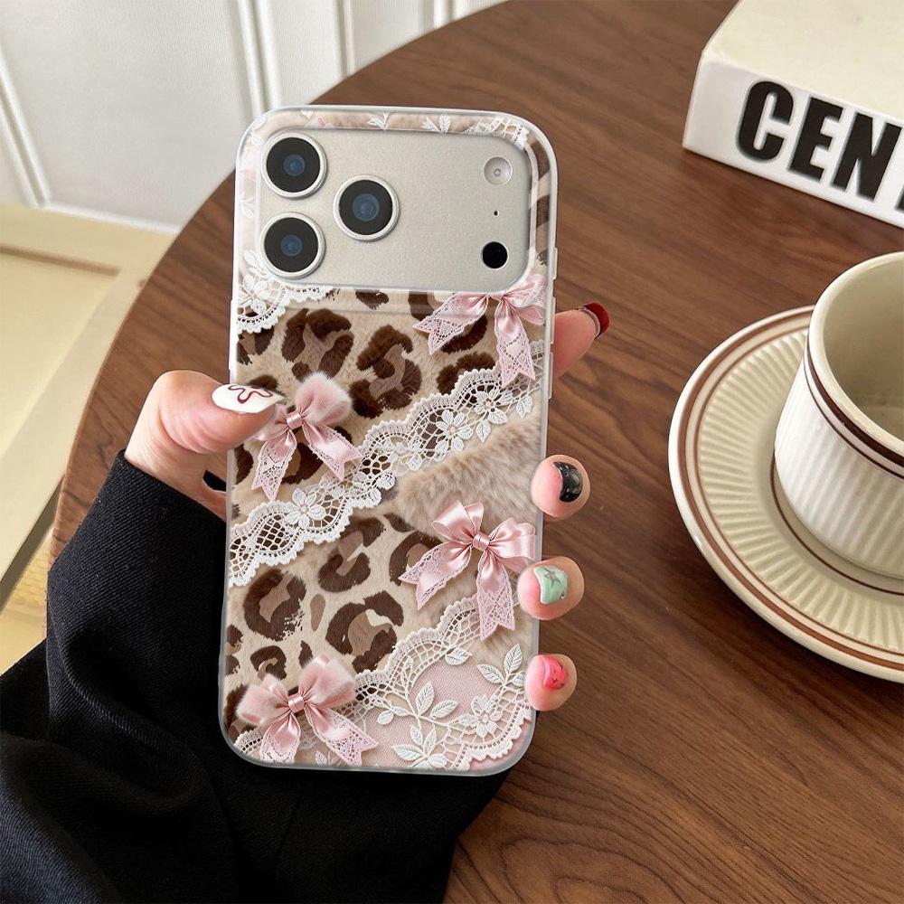 INS Lace leopard print bow Silicone Phone Case For iPhone 17 17Air iPhone 13 11 14 12 15 16 Pro Max Shockproof Soft Cover Funda