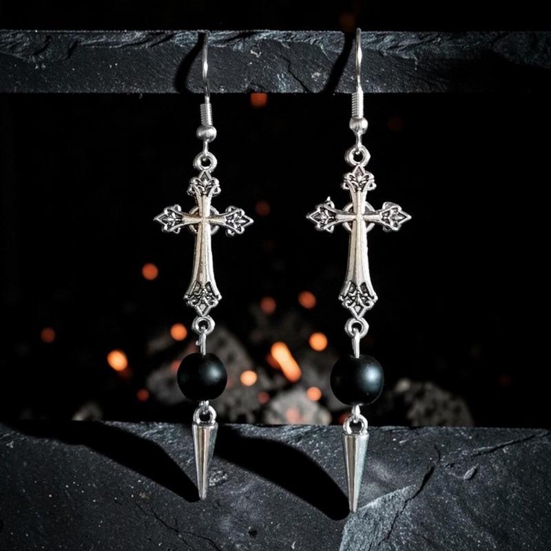 Silver Gothic Cross Earrings with Black Stones and Spikes