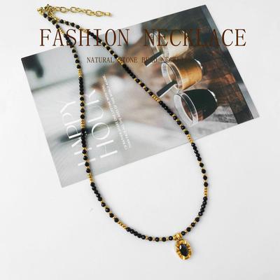 Brown Sugar Retro Black Spinel Beaded Necklace with Square Pendant and Clavicle Chain