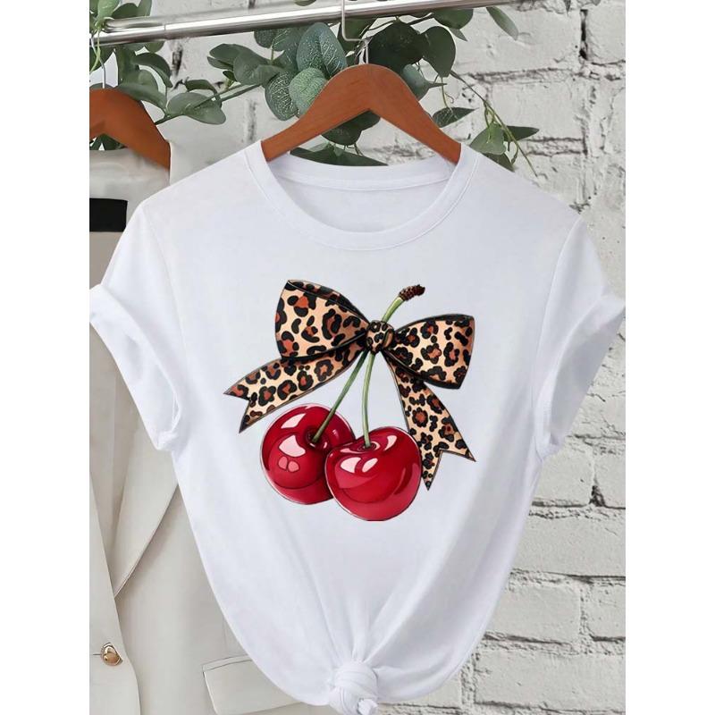 Fashion Cherry Print Women T-Shirt Short Sleeve Crew Neck Casual Tops for Summer Spring Women's Clothing Tops Tees