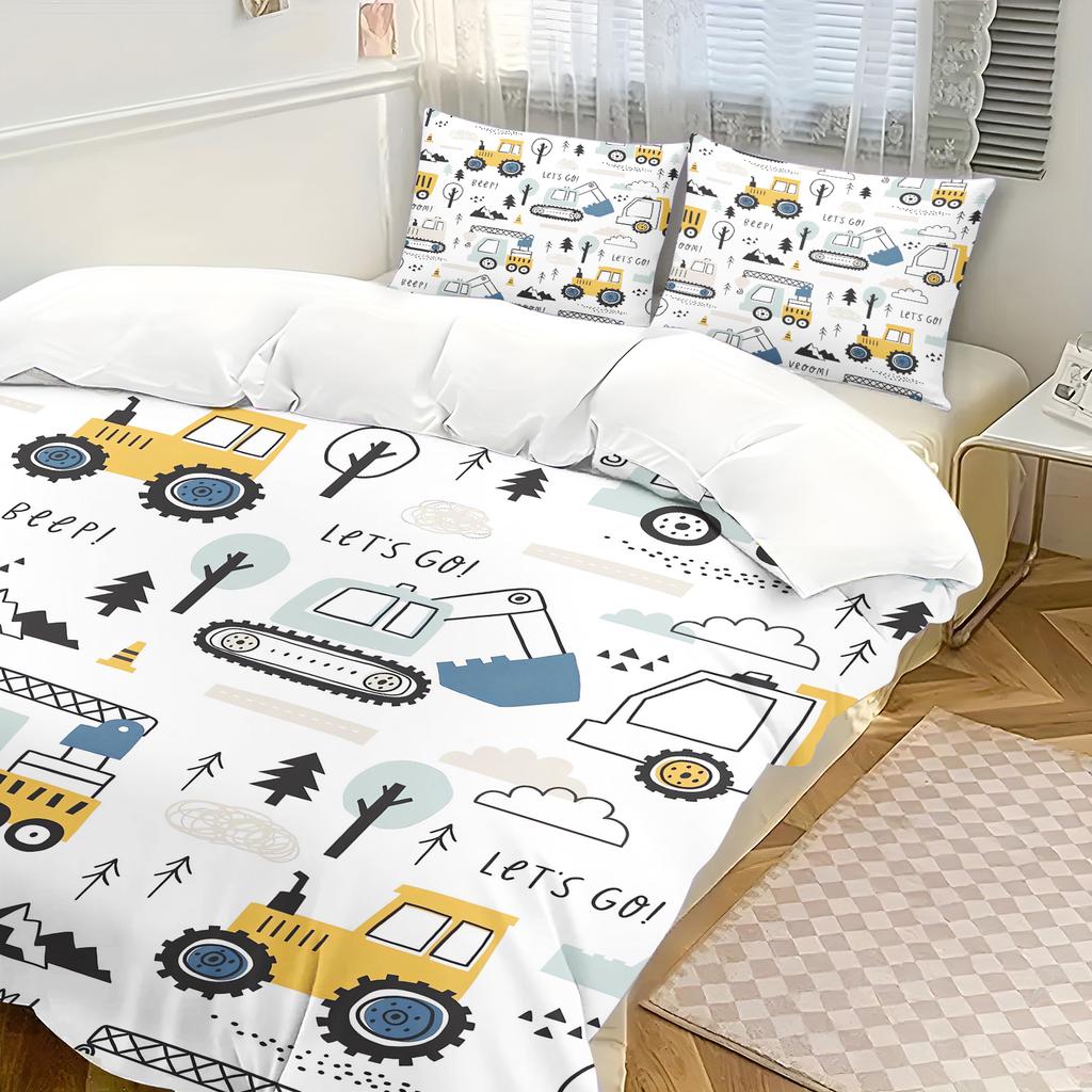 Cartoon Car Bedding Set, Construction Vehicle And Excavator Pattern, Boys' Duvet Cover Set, Children'S Gift