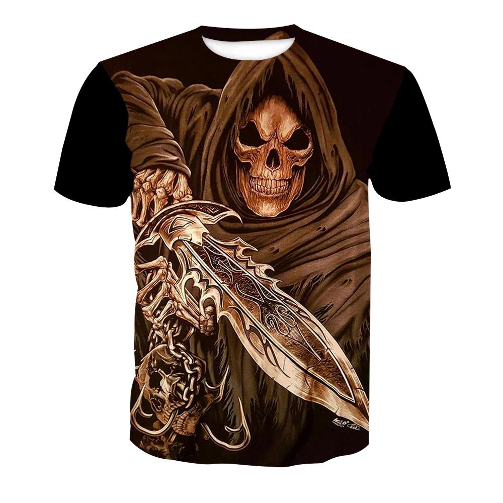 Tricou cu model craniu imprimat 3D, de vară, pentru bărbați, stil hip hop stradal, top supradimensionat, confortabil, casual, cu gât rotund