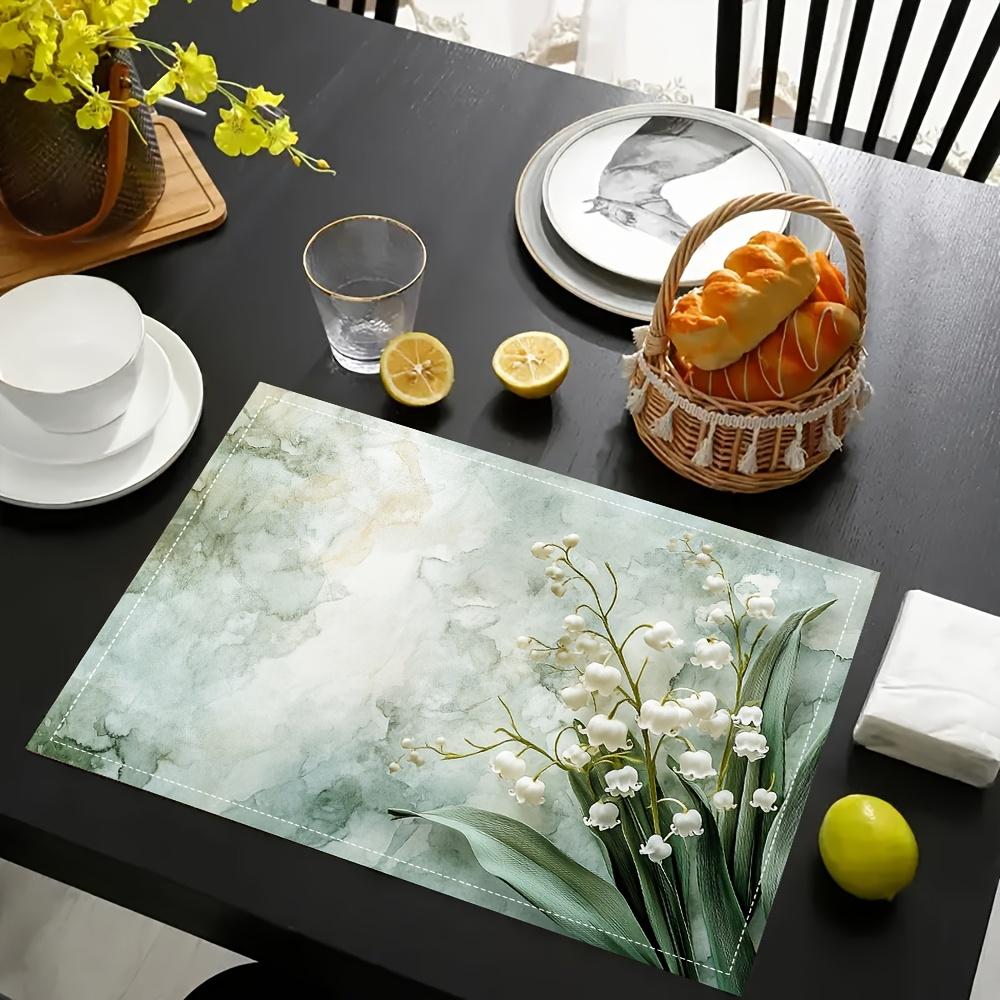 4pcs Elegant Marble & Lily Design Linen Placemats, 12x18 Inch - Ideal for Kitchen, Dining Room Decor, Home Dinner Parties & Party Table Settings,