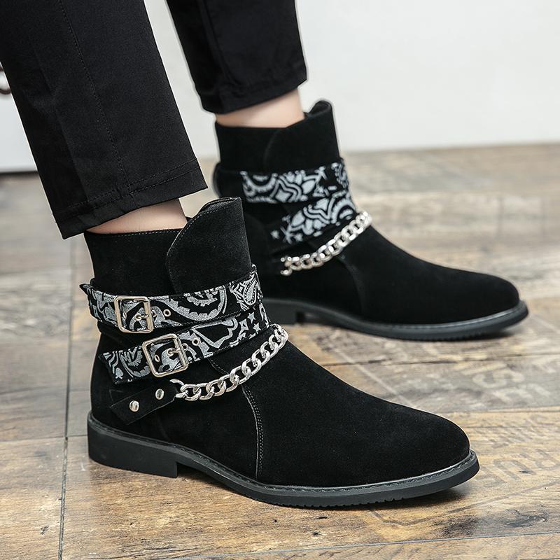 Men's Comfort Genuine Leather Casual Fashion Trends Motorcycle Style Boots High Quality Frosted Leather Chain Sleeve Short Boots