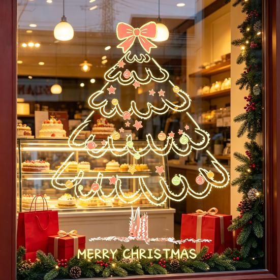 Christmas Store Window Displays Tree Sticker, Simple Line Static Cling Decal, Waterproof Art Removable Festive PVC Decal for Holiday Home Glass Doors