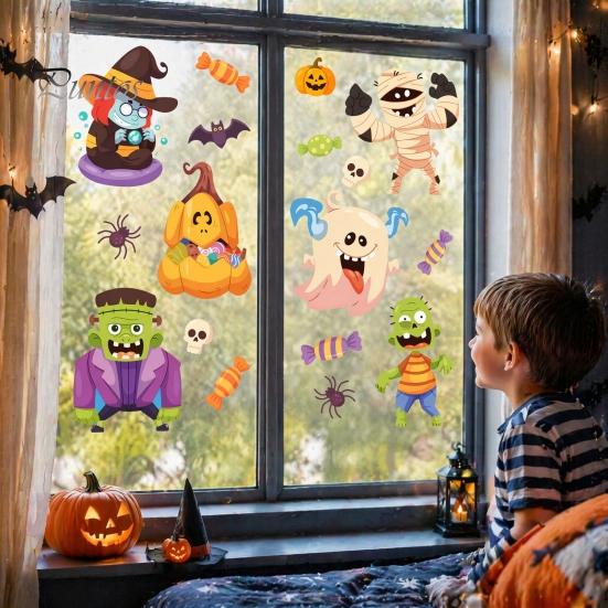 DIY Halloween Window Decorations Static Clings, Cartoon Ghost Pumpkin Witch Monsters Decals, Waterproof Festive Holiday Home Decor Removable
