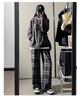 Women's Black & White Plaid Wide-Leg Trousers - Loose Fit, Floor-Length, Perfect for Spring/Autumn