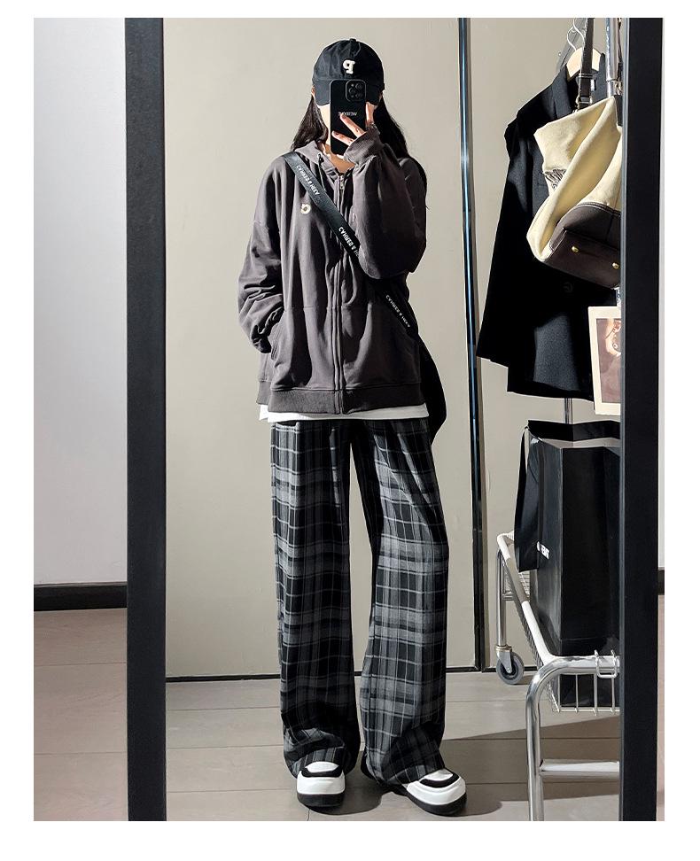 Women's Black & White Plaid Wide-Leg Trousers - Loose Fit, Floor-Length, Perfect for Spring/Autumn