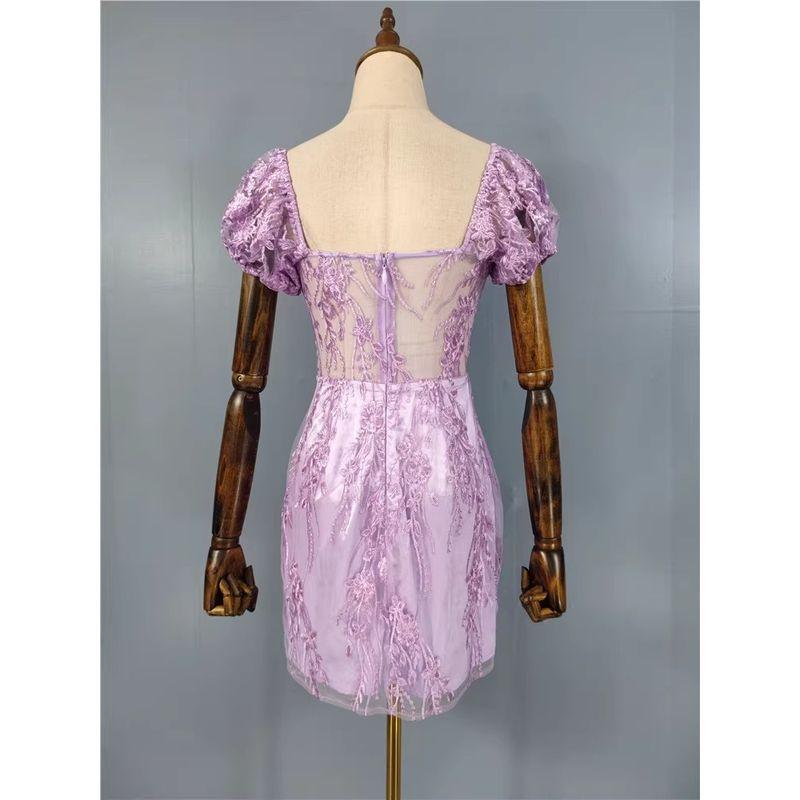 Foreign Trade Order Lu's Home Fashion Summer New Elegant Purple Lady Sexy Mesh Perspective Embroidery Gyaru Dress