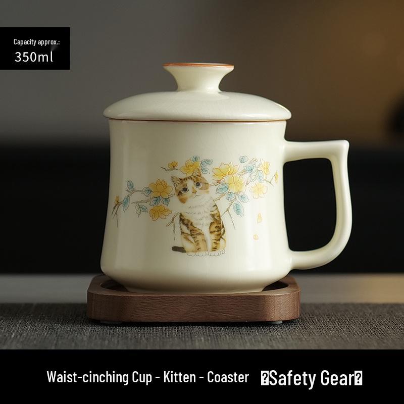 Beige Ru Ware Ceramic Tea Cup with Cute Kitten Design and Lid, Gift Boxed