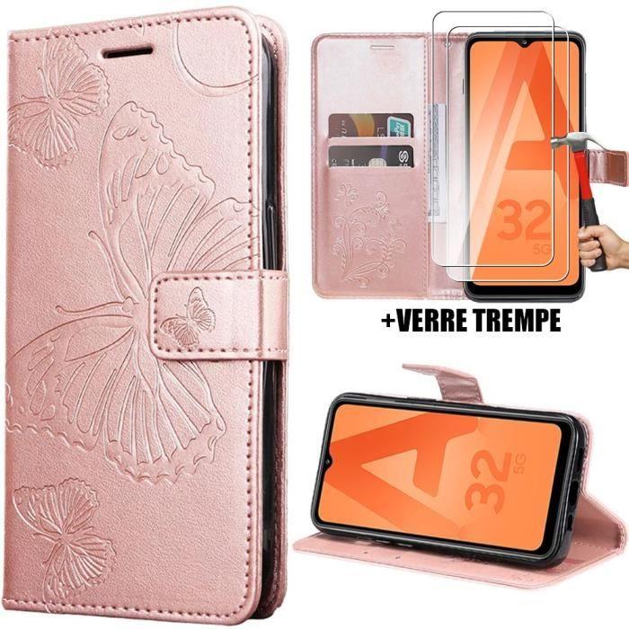 Coque de protection - Samsung - Galaxy A32 5G - Cuir PU Rose - Motif Papillon - Support Vidéo