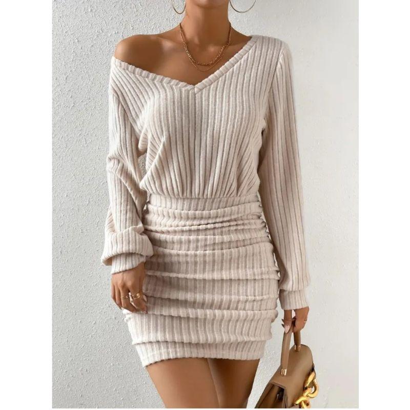 Small Autumn and Winter New V-neck Fashion Solid Sanding Sunken Stripe Double Purpose Method Slim Fit Sheath Long Sleeve Dress Women