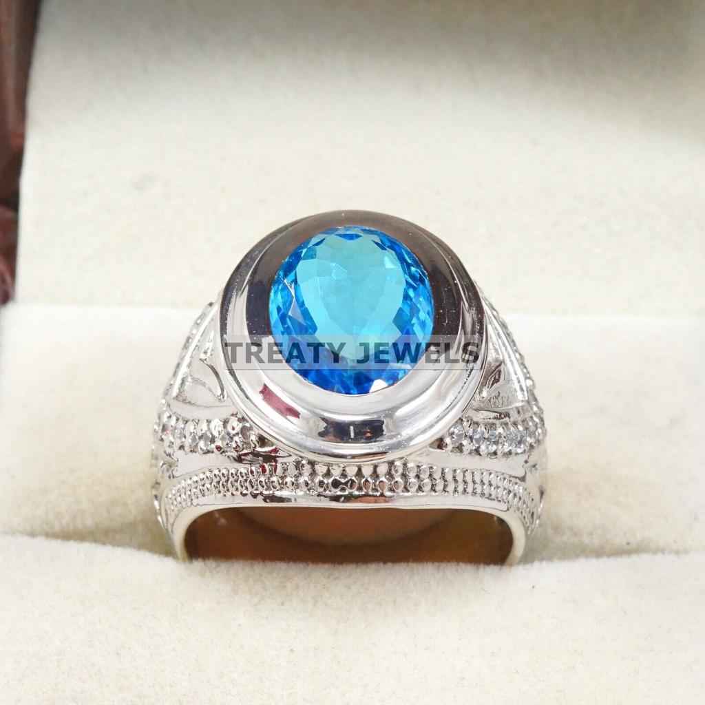 Blue Topaz Oval Cut Gemstone With 925 Sterling Silver Ring For Men's #A902 JL375669066753