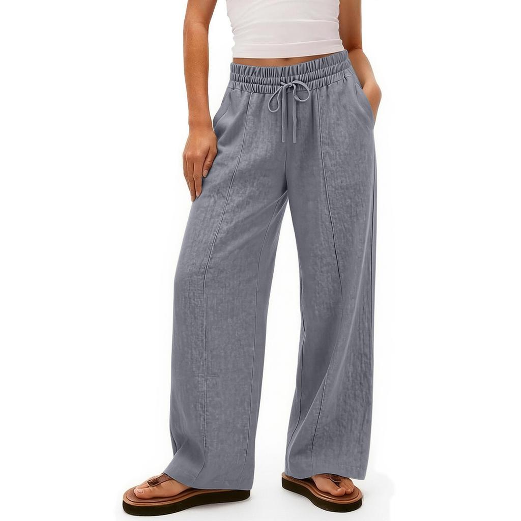Linen Casual Wide Leg Pants For Women Elastic Waist Versatile Business Casual Work Palazzo Trousers With Pockets