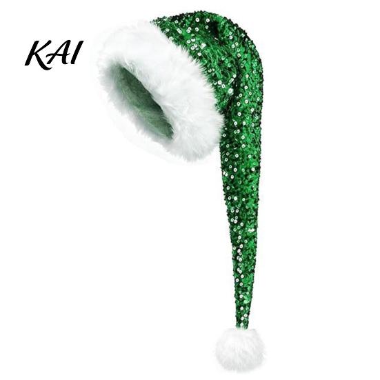 Santa Claus Hat Christmas for Adults, Thicken Soft Velvet Xmas with Sequin Gift Decoration, Long Holiday Party Cosplay Costume Accessories Halloween