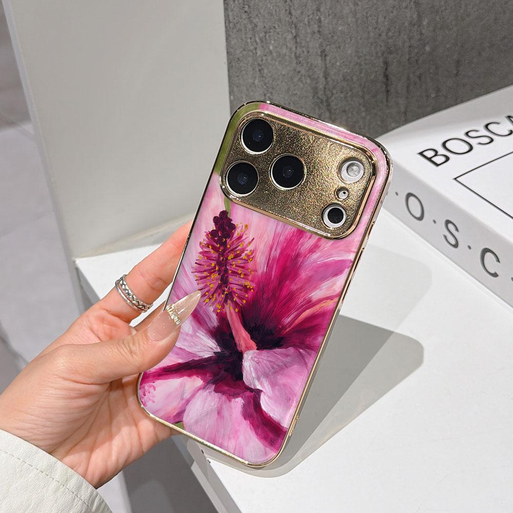 Lucky Start Phone Case For iPhone 17 16 15 14 13 12 11 Pro Max 16E Gold Electroplated glass shell  Blush Hibiscus Cover IPHONE11PROMAX