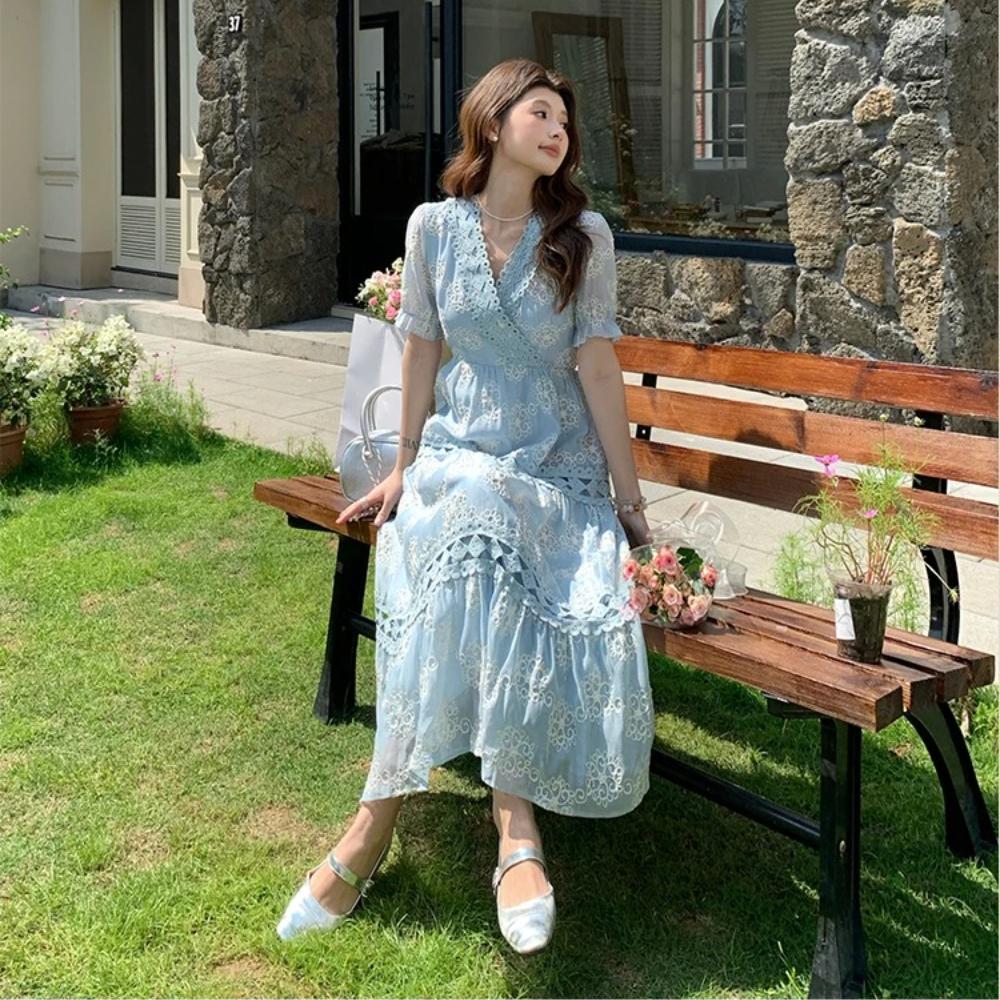 New Summer Fashionable Floral Embroidered Patchwork V-Neck Short-Sleeve Fitted Slimming Midi Dress Women's Holiday Vestidos