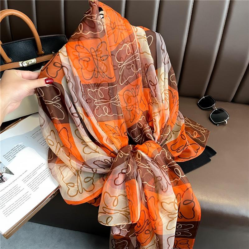 Plaid butterfly silk scarf commuter large shawl soft yarn scarf simulation silk pattern scarf women's large size sun protection light luxury
