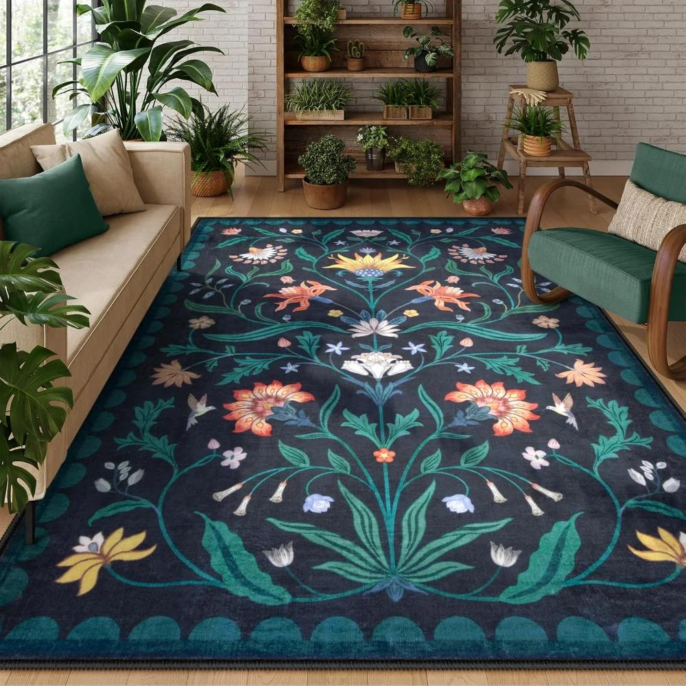Retro Boho Floral Washable Dark Teal Carpets for Bedroom Living Room Decor Lounge Balcony Mat Coffee Table Dining Room Rug