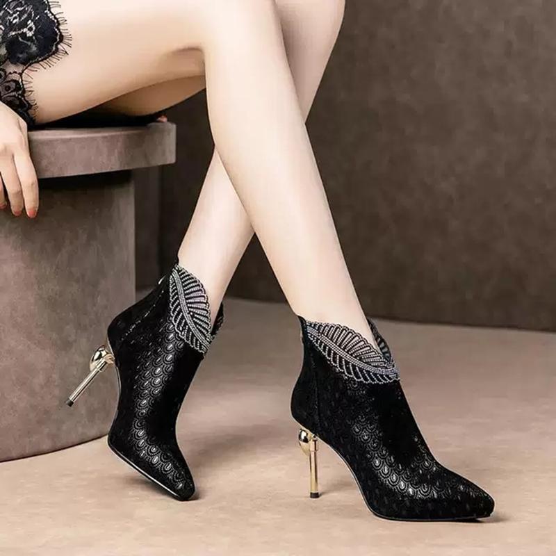 Winter Fashion Rhinestone Decorated Elegant Short Boots Comfortable Casual High Heels Sexy Women's Shoes Chaussure Femme