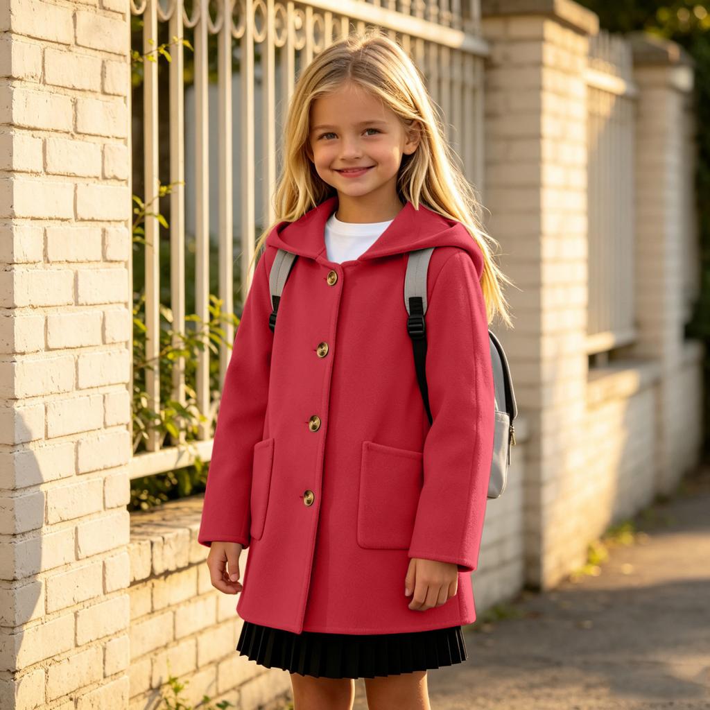 Girls Casual Mid-Length Wool Coat with Lapel and Button Front