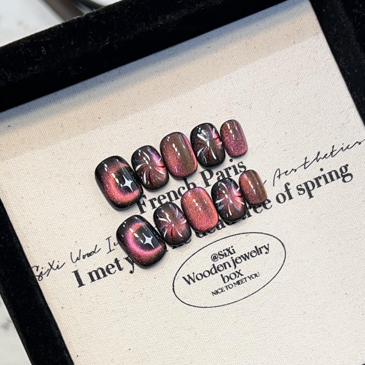 

Handmade Cat Eye Crescent Nail Art with Fireworks Design - Removable False Nail Patches Extra Small XS