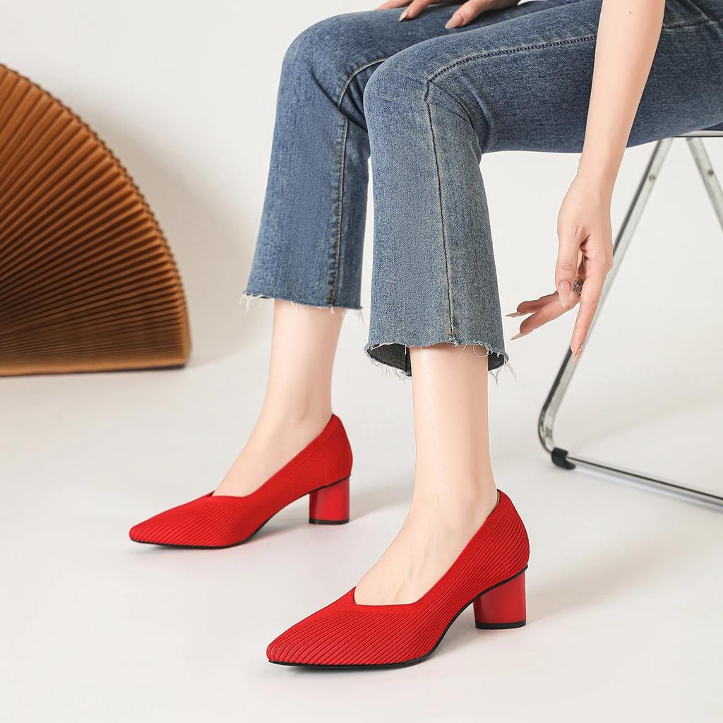 Mode Damenabsätze Pflaumen Gestrickt Atmungsaktiv Rutschfeste Gummisohle Schuhe 2025 Neue Ausgabe (6cm Hoch) Übergröße 43 42 Damenschuhe