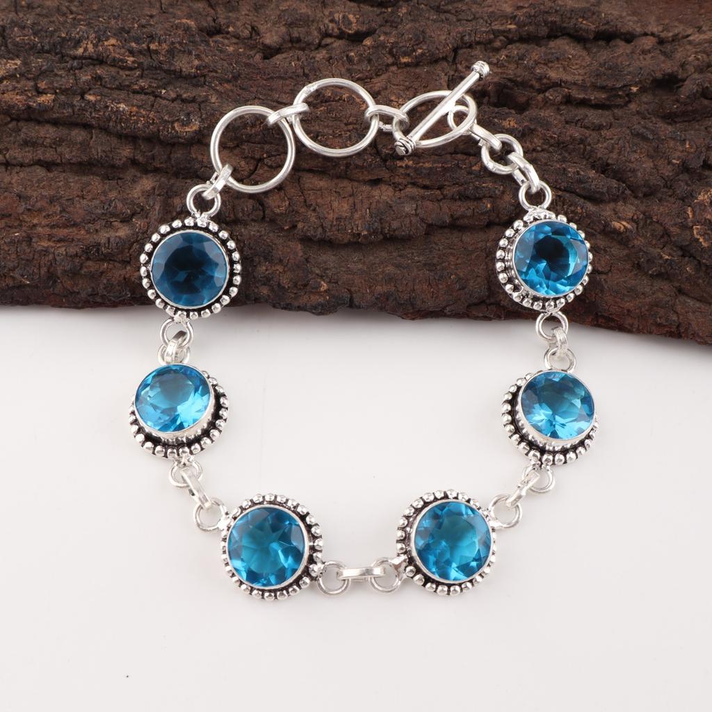 Swiss Blue Topaz Gemstone 925 Sterling Silver Jewelry Handcrafted Bracelet 7-9" RB-17-8