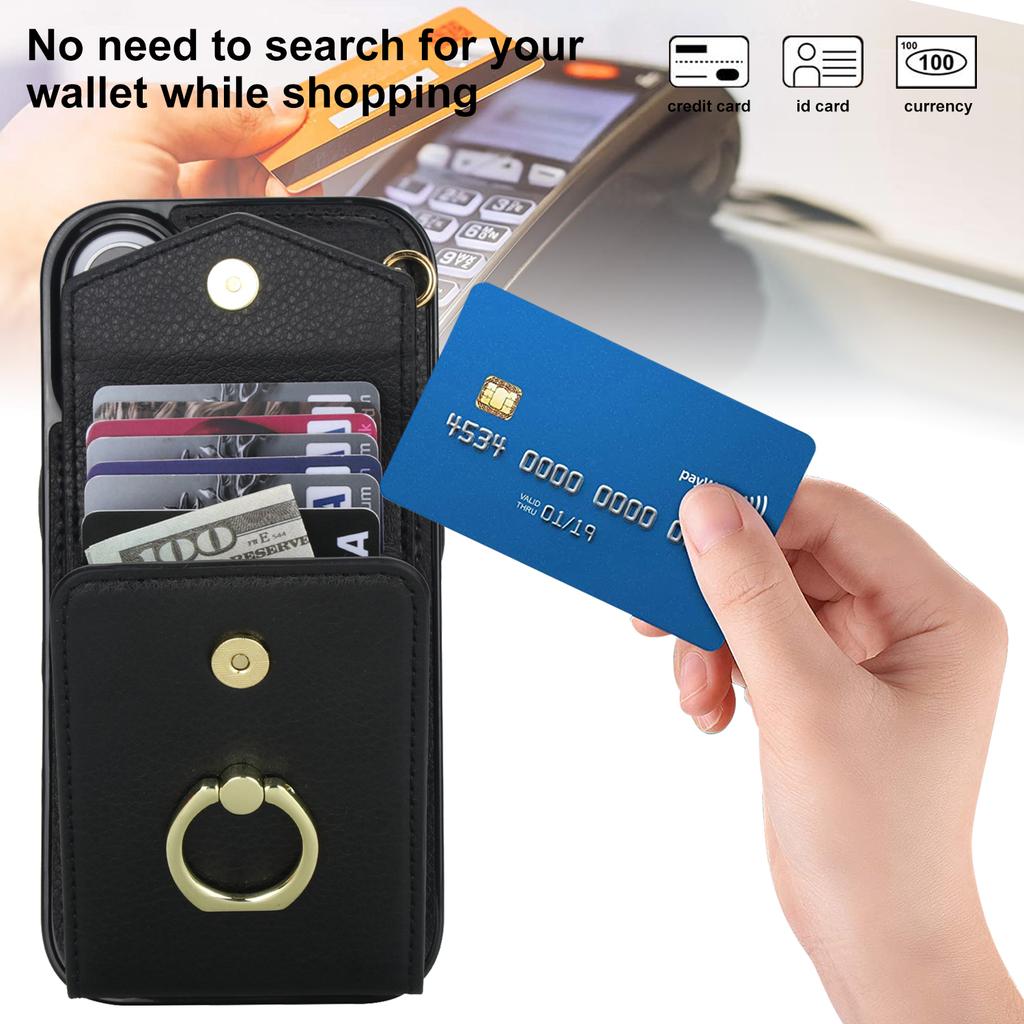 For iPhone 17 Case Leather + TPU Accordion Card Bag Phone Cover with Ring Kickstand
