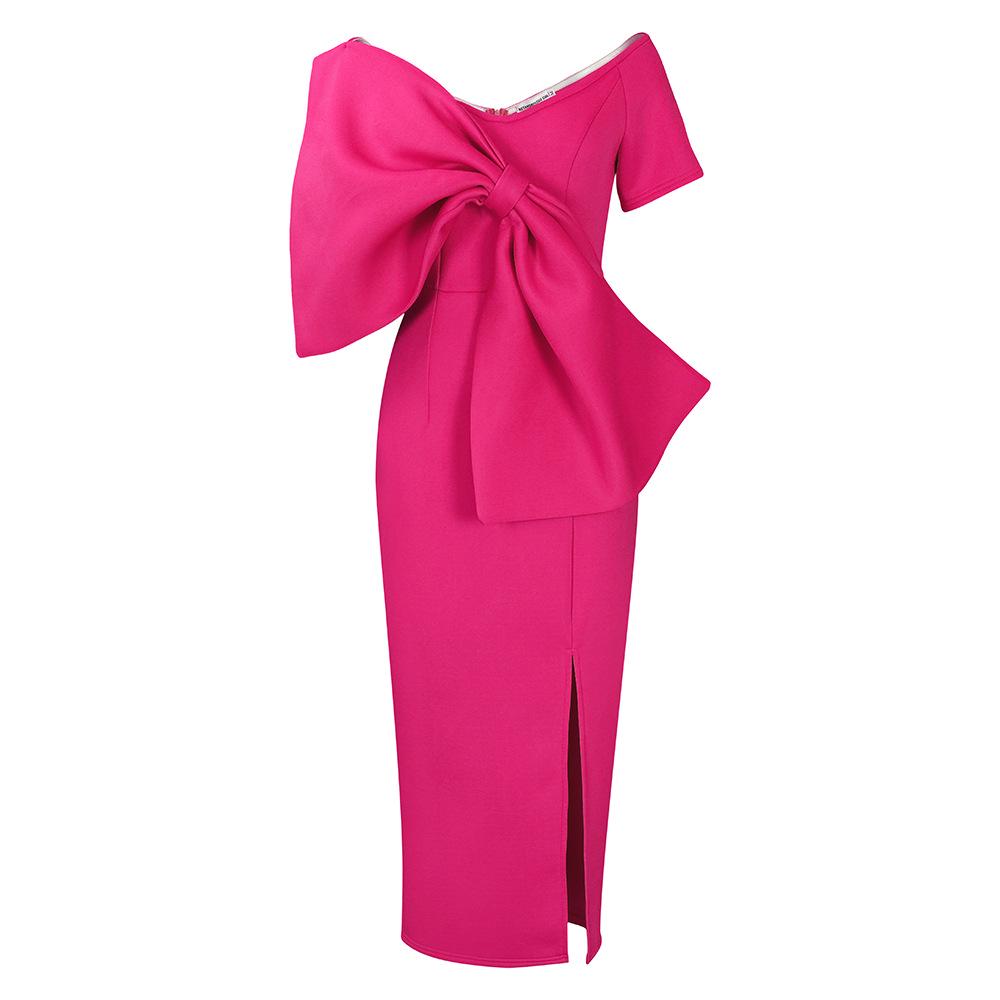 D395 Women's Sexy Evening Dress with Slit and Large Bow – European and American Style.