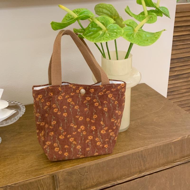 ins corduroy retro hand-held cloth bag literary student mommy bento bag commuter hand-carried lunch box bag woman