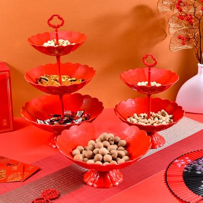 Neujahrs-Süßigkeitenteller Wohnzimmer Mehrschichtige Trockenfrüchte-Snackplatte Roter Obstteller Haushalts-Snack-Süßigkeitentablett