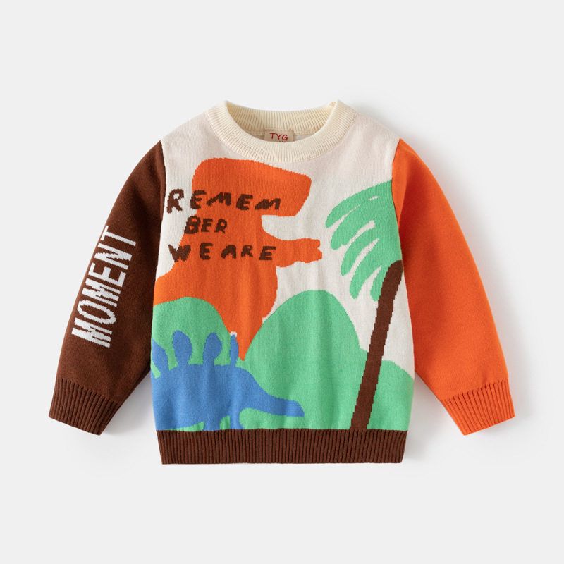 Autumn and Winter Children s Clothing Boys  Double-Layer Thickened Sweater Children s Dinosaur Knit Top Boys  Round Neck Pullover