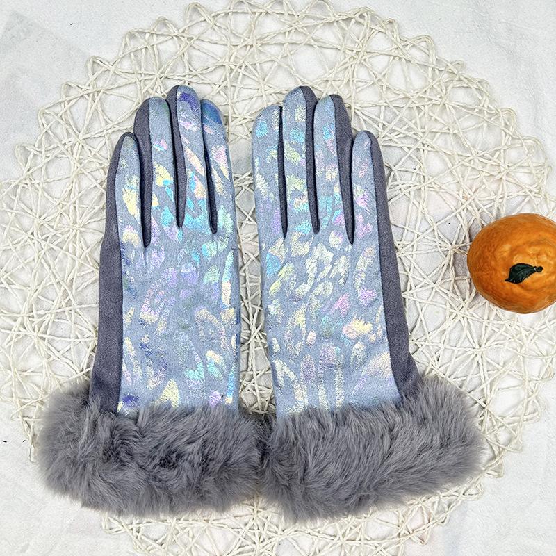 Gloves Women'S Warm Fleece Thickened Cute Cycling Gloves Touch Screen Leopard Print Hair Mouth Gloves
