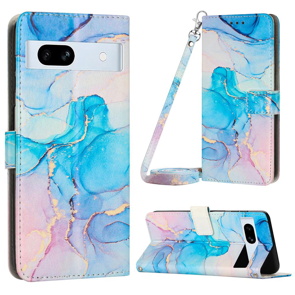 For Google Pixel 7a PU Leather Marble Pattern Case Wallet Stand Phone Cover with Shoulder Strap