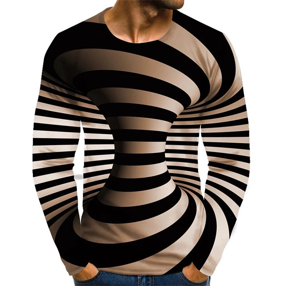 Fashionable Men's Printed T-shirt Optical Illusion Round Neck Long Sleeved Street Harajuku Exaggerated Designer Round Neck Top