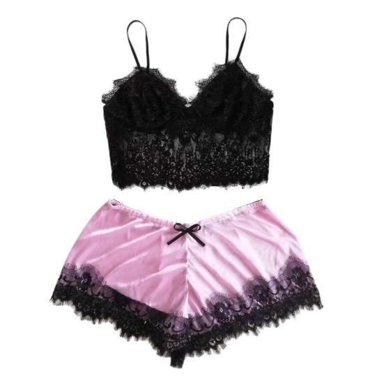 Women Pajama Set Lace Pajama Top Satin Shorts with Black Silk Bow And Lace Trim Sexy Lace Camisole Set for Women Home Sleepwear Gift