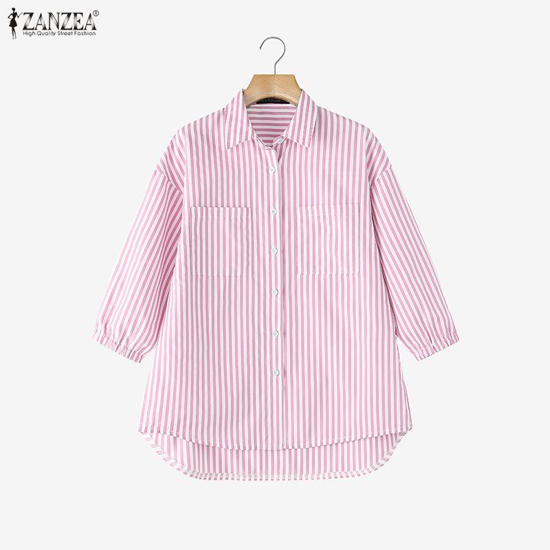 ZANZEA Women Casual Turn Down Collar 3/4 Sleeve Loose Stripe Blouse