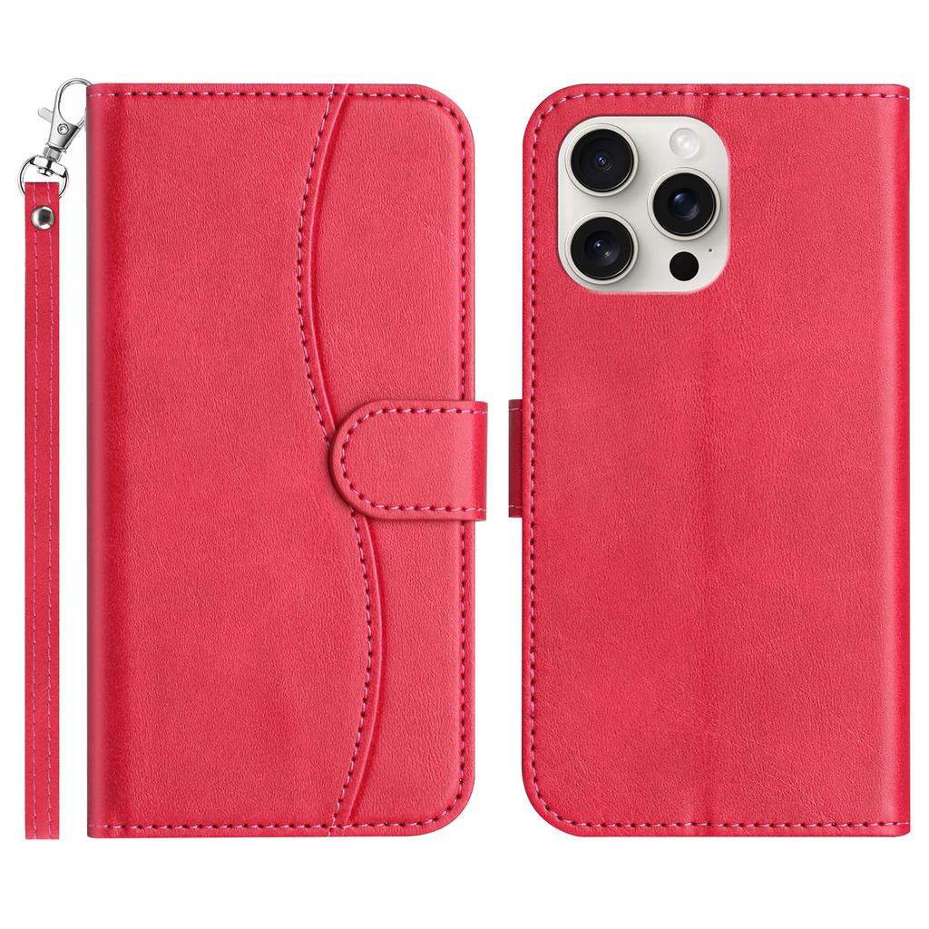 For iPhone 16 Pro Stand Case with Strap PU Leather Wallet Phone Cover S Shape Stitching Design