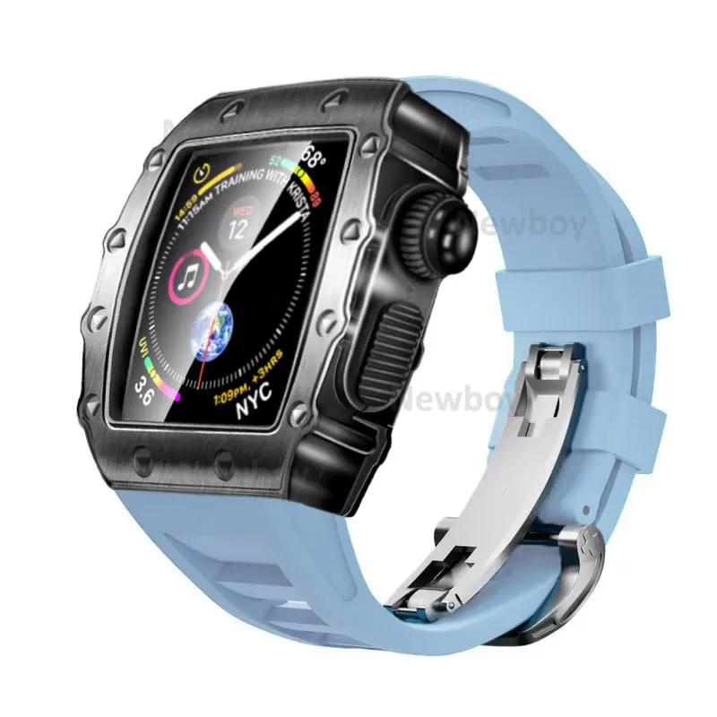 Men Case Strap for Apple Watch Series 8 7 41mm 45mm Rubber Sport Band for iWatch 6 5 4 SE 40 44mm Luxury Metal Modification Kit