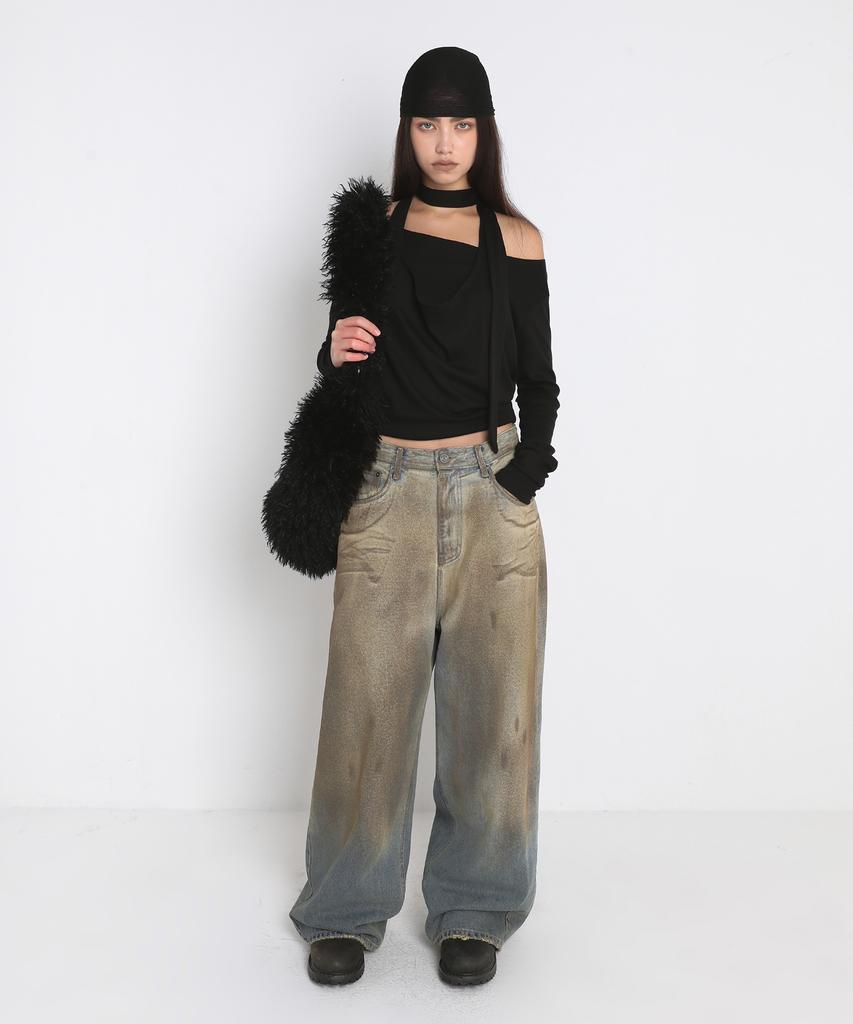 Saendeulig Draped Halter Layered Long Sleeve T-Shirt_Black
