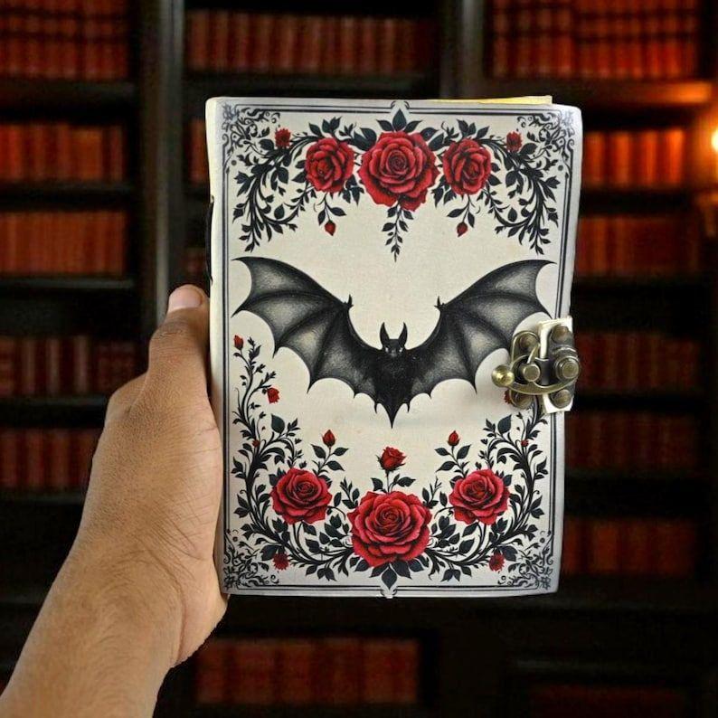 Vampire Bat Grimoire Journal – Gothic Roses Witchy Spell Book | Handmade Leather Book of Shadows