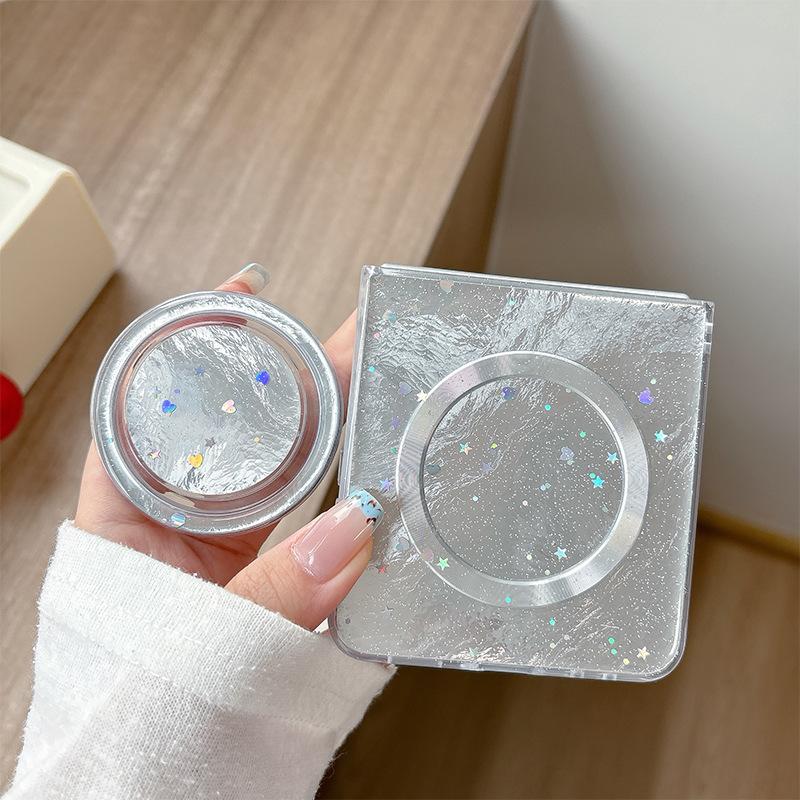 Tinfoil Texture Star Sequins Magnetic Holder Mobile Phone Case for Samsung Zflip6 Flip Folding Zflip7 Women