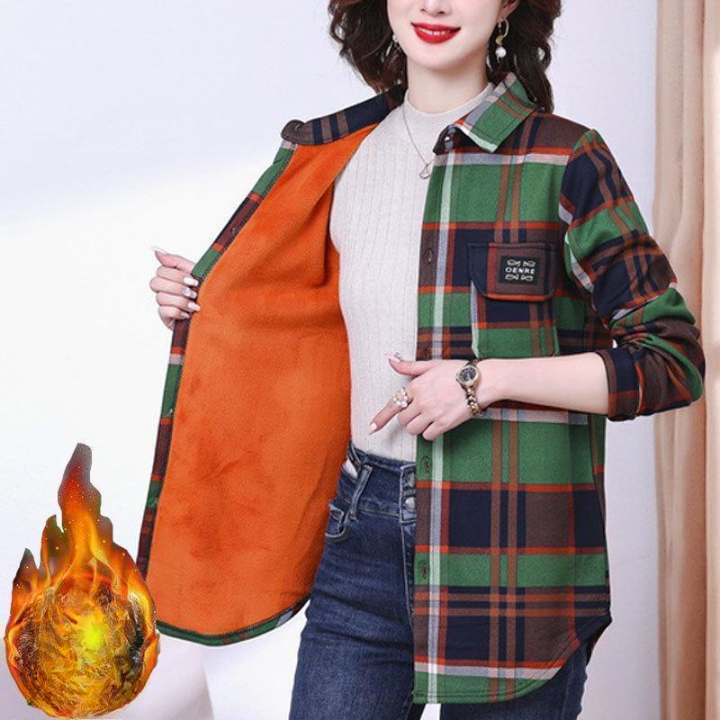 Women's Autumn and Winter Plus Velvet Long-sleeved Shirt Blouse Plaid Shirt