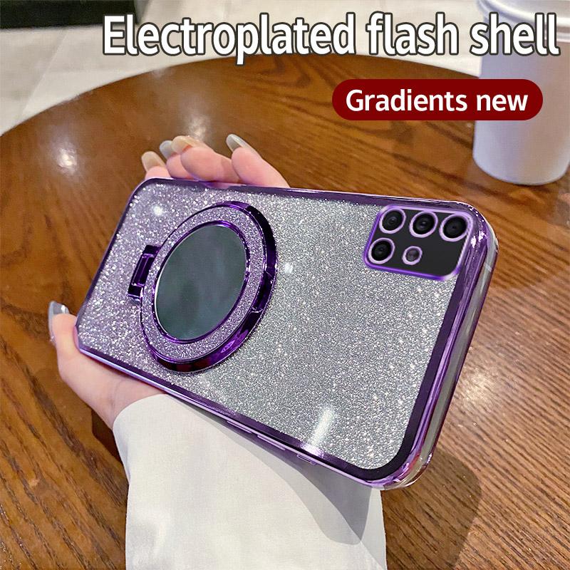 Cute Mirror Glitter Silicone Case For Samsung Galaxy A50 A51 A52 A52S A53 A54 A55 Magnetic Bracket Simple Shockproof Back Cover